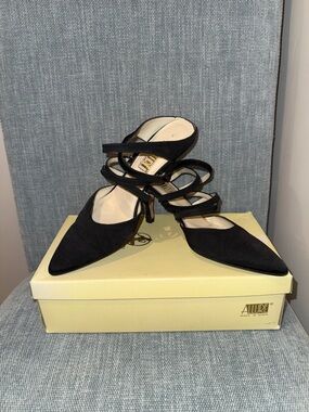 Allure Black Pointed Toe Multi-Strap Mule Heels